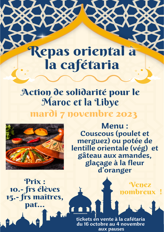 Repas oriental mardi 7 novembre en solidarité avec le Maroc et la Lybie