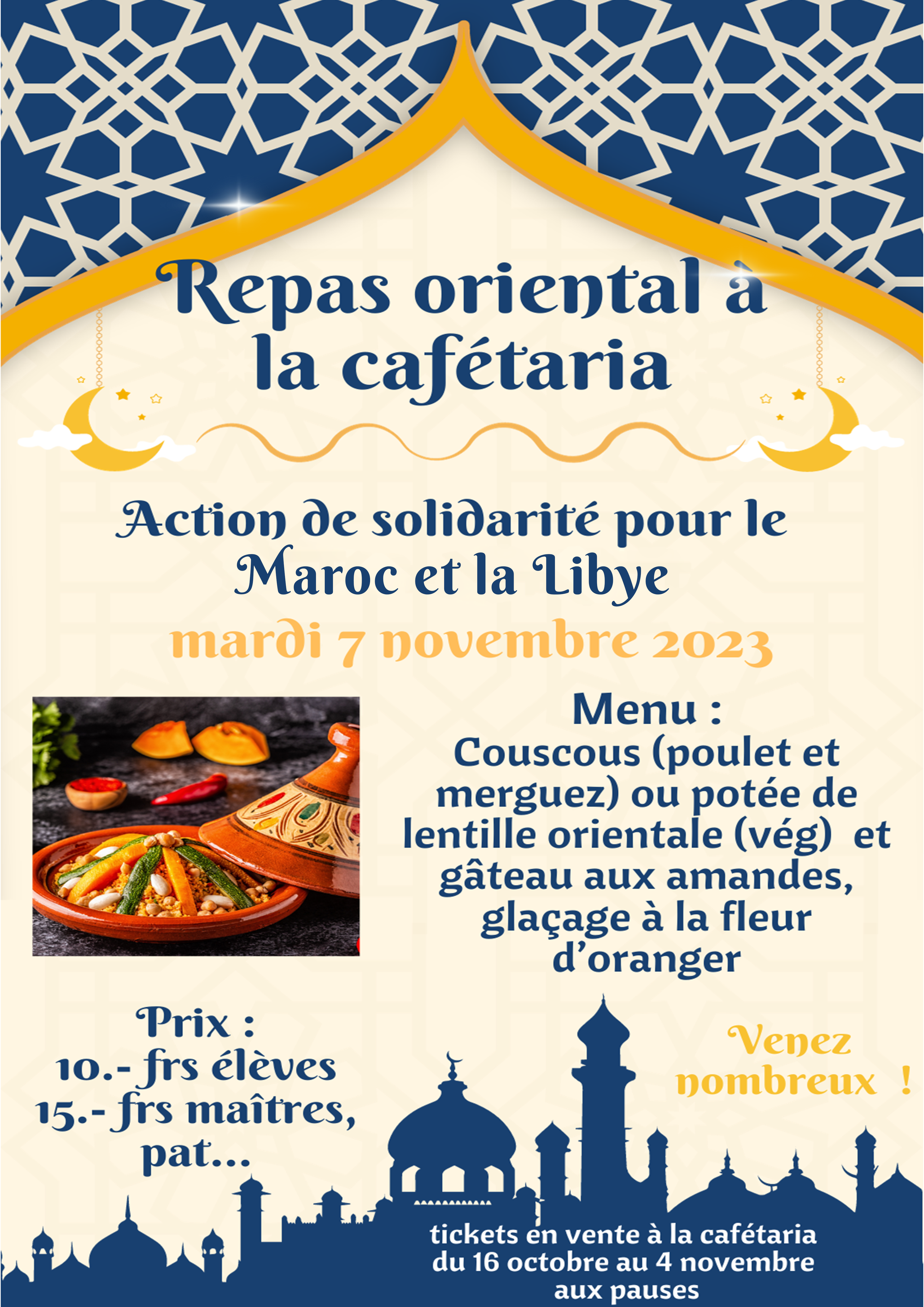 Repas oriental mardi 7 novembre en solidarité avec le Maroc et la Lybie